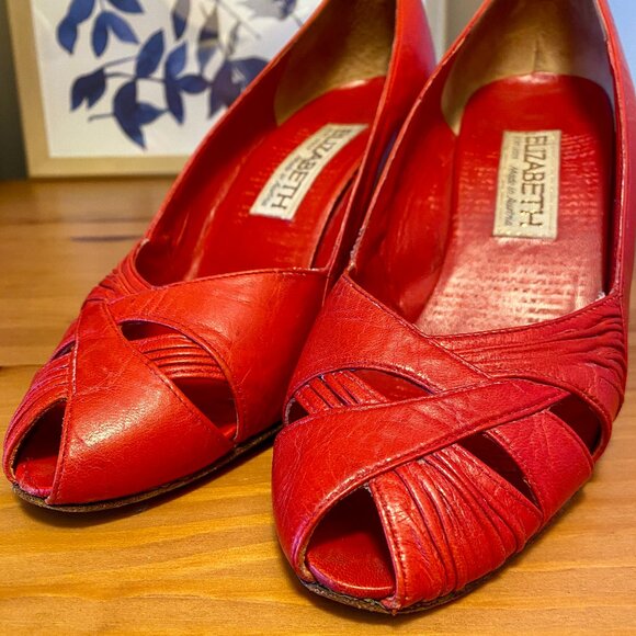 Vintage Red Peep Toe Pumps Austrian Made - Picture 9 of 11